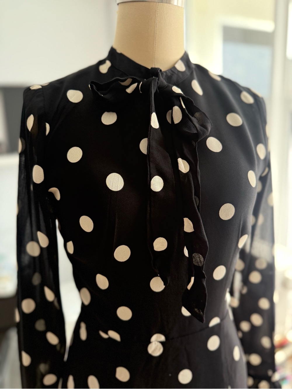 Reformation Black and White Polka Dot Tie-Neck Dress Size 2 - Picture 3 of 10